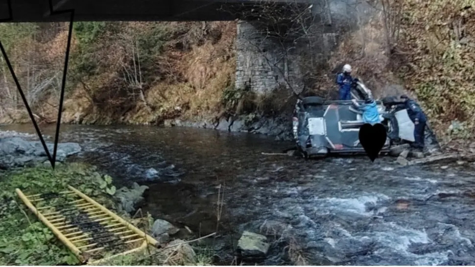 Accident spectaculos. Mașină de concurs în râu, la „Raliul Argeșului” – echipajul salvat la timp VIDEO