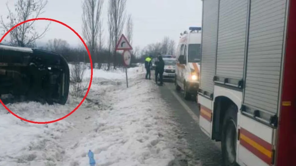 Microbuz cu 8 persoane, răsturnat în Călan: o femeie a necesitat îngrijiri medicale