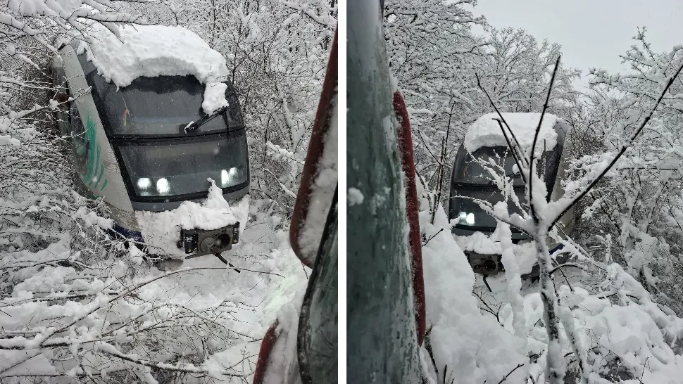 Imagini șocante de pe ruta București–Urziceni: trenul circulă cu 10 km/h, prins între copaci și troiene uriașe - VIDEO