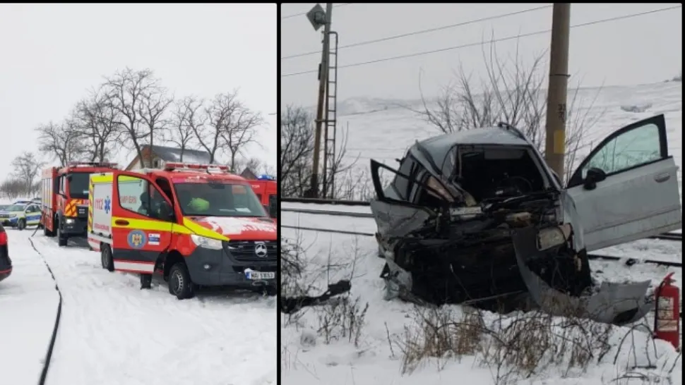 Accident feroviar în Iași: un tren de pasageri a lovit un autoturism. Două persoane, rănite