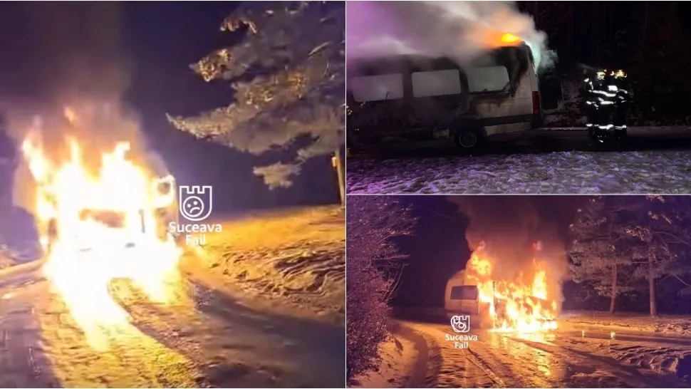Panică în județul Suceava. Microbuz de transport persoane, cuprins de flăcări -VIDEO 