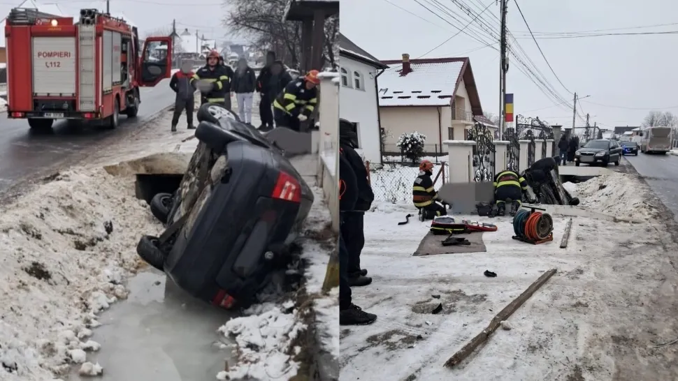 Accident în județul Suceava. O femeie a fost rănită, după ce s-a răsturnat cu mașina într-un șanț 