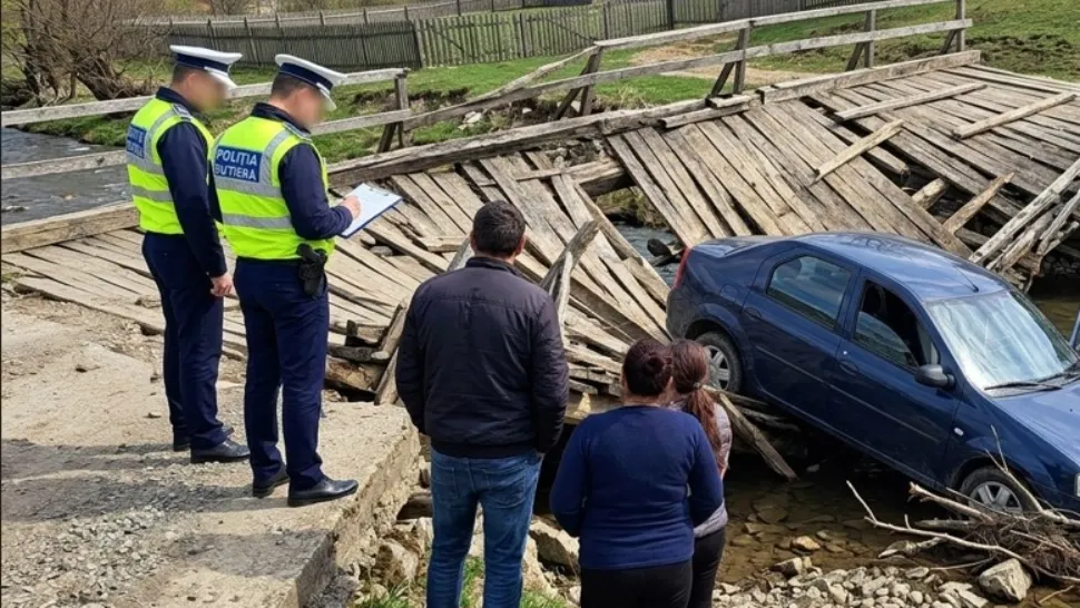 Panică pentru un șofer din Suceava: a căzut cu mașina în apă după ce un pod de lemn s-a prăbușit