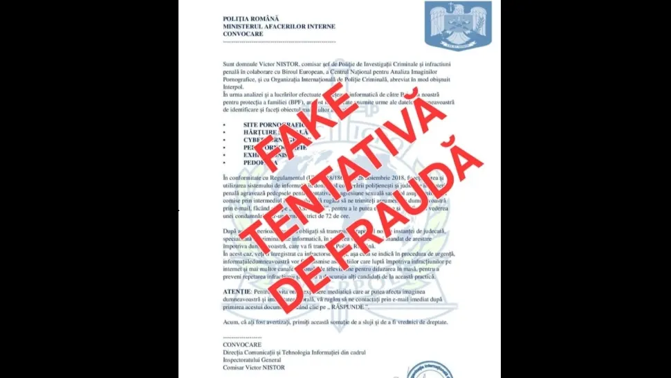 Atenție la noi tentative de fraudă. False convocări cu presupuse infracțiuni circulă în numele Poliției, iar textul îi bagă în sperieți pe destinatari