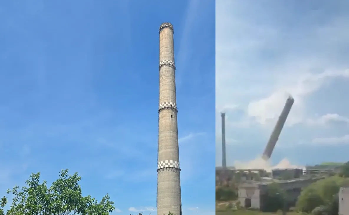 Demolare spectaculoasă la Giurgiu. Turnul fostului CET a fost pus la pământ – VIDEO