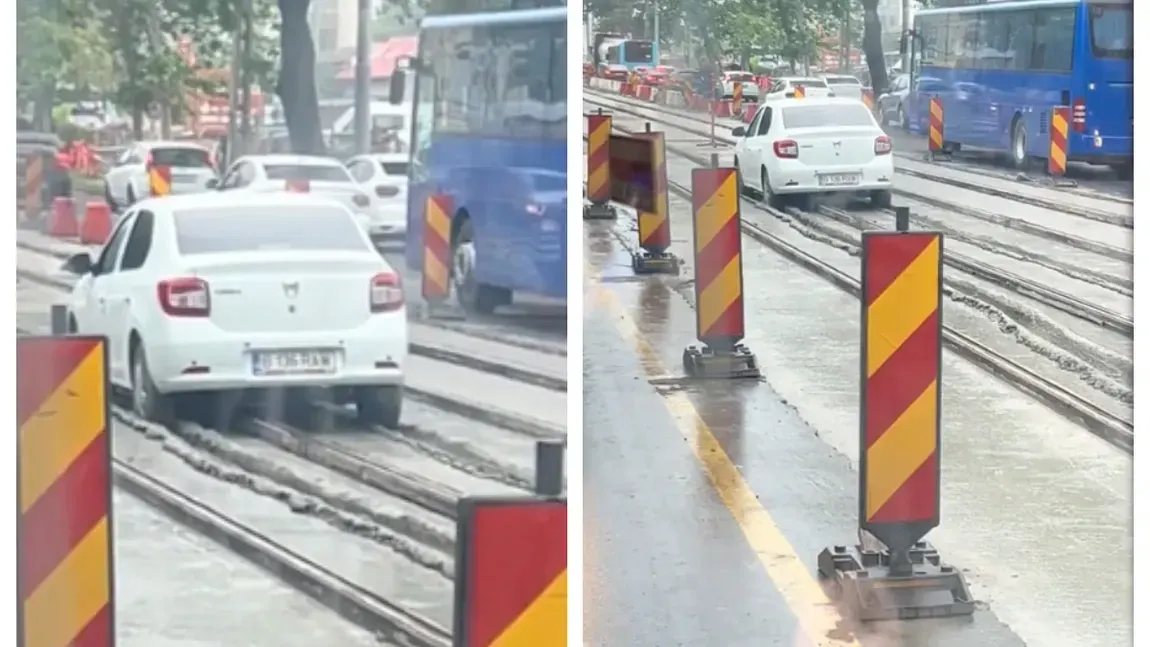 Să vezi și să nu crezi! Un șofer a rămas blocat în beton pe linia de tramvai, după ce a încercat să evite coloana din trafic