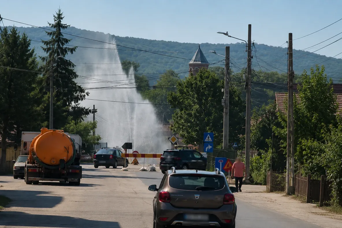 Avarie majoră la Curtea de Argeș. Apa, oprită în municipiu și trei comune: o conductă magistrală s-a spart VIDEO