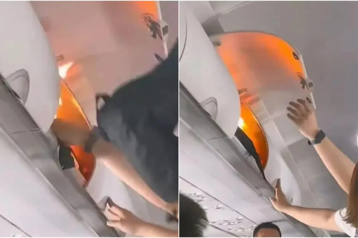Panică într-un avion! O baterie externă a explodat în compartimentul de bagaje, iar pasagerii au filmat totul