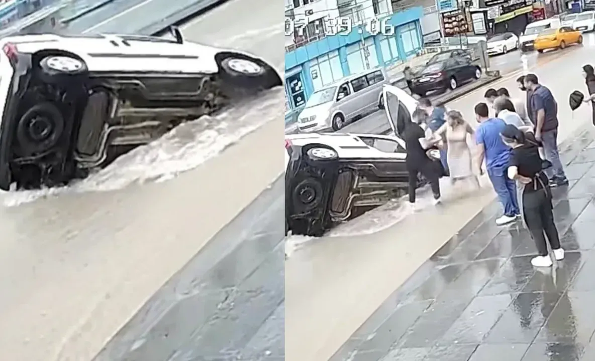 Mașină înghițită de o groapă uriașă, ascunsă sub apă, în Ankara. Pasagerii au fost salvați în ultima clipă