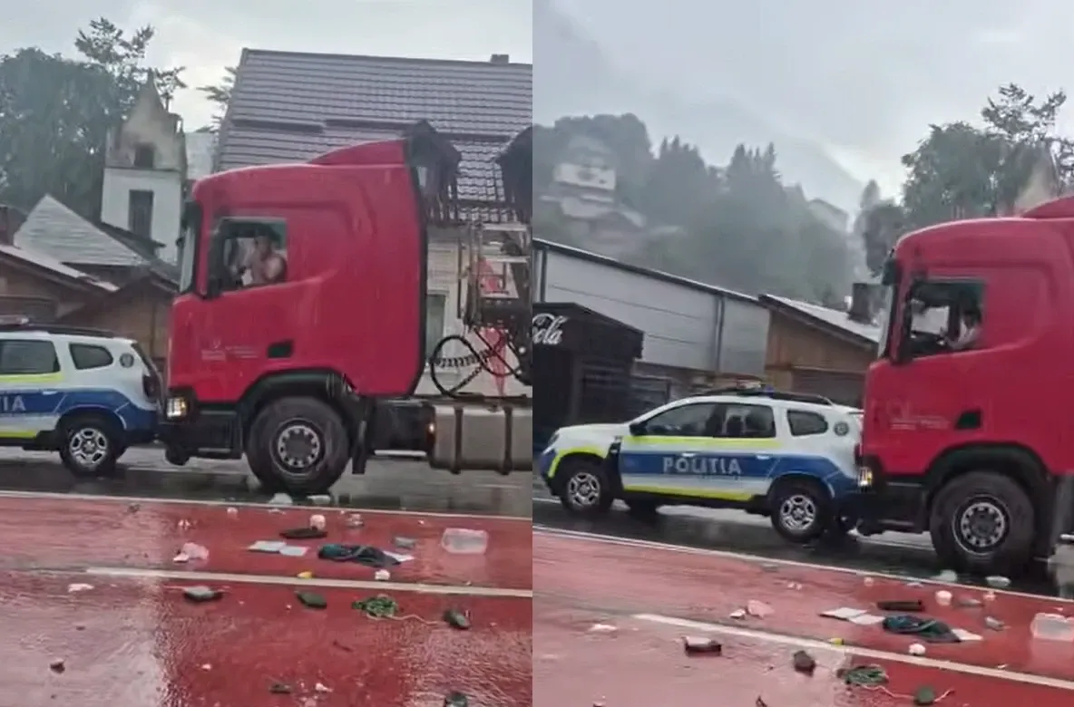 Șofer de camion, scos cu forța din cabină, la Bușteni. După ce a lovit mașina Poliției, a amenințat că se sinucide - VIDEO