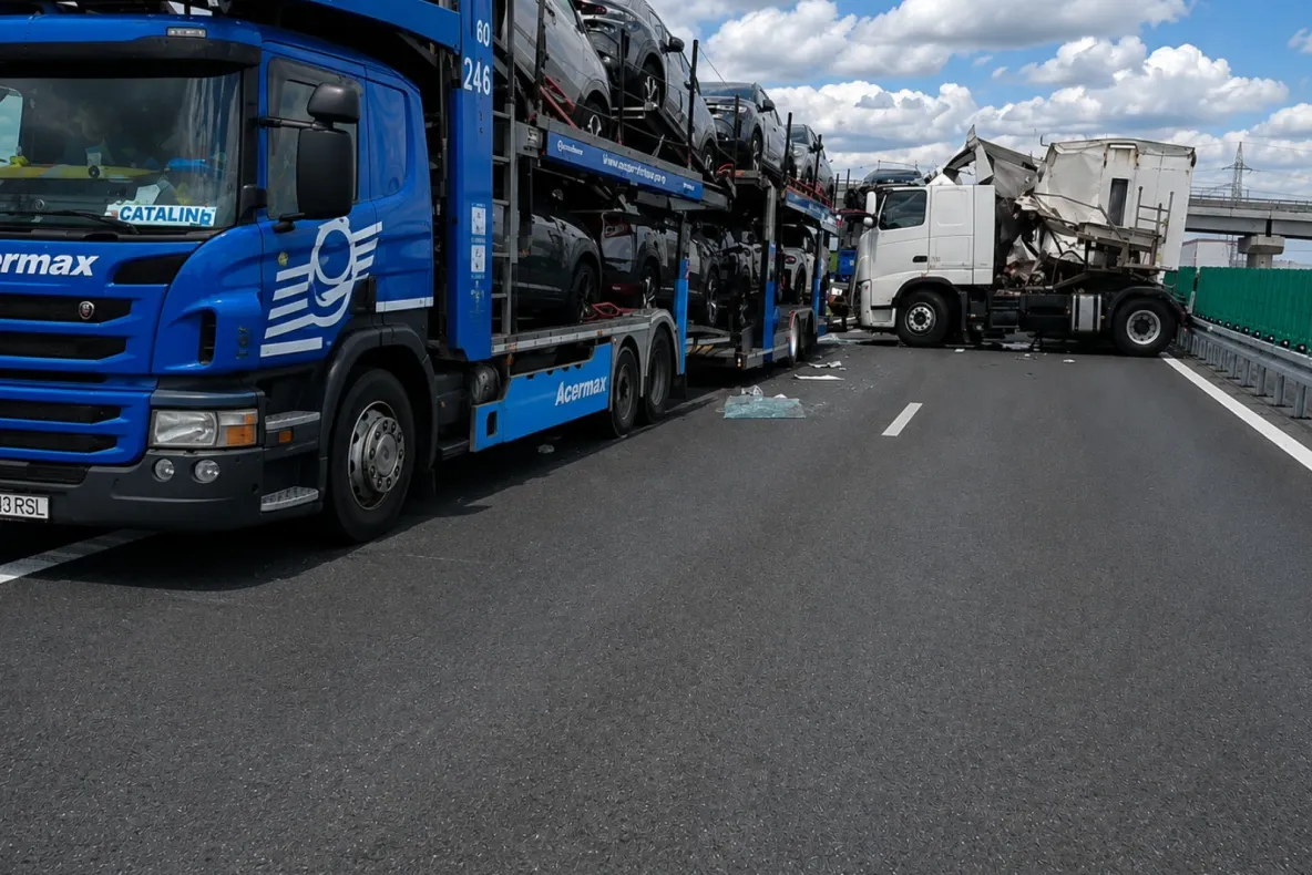 Trafic paralizat pe Drumul Expres Craiova-Pitești. Trei TIR-uri s-au ciocnit violent -VIDEO