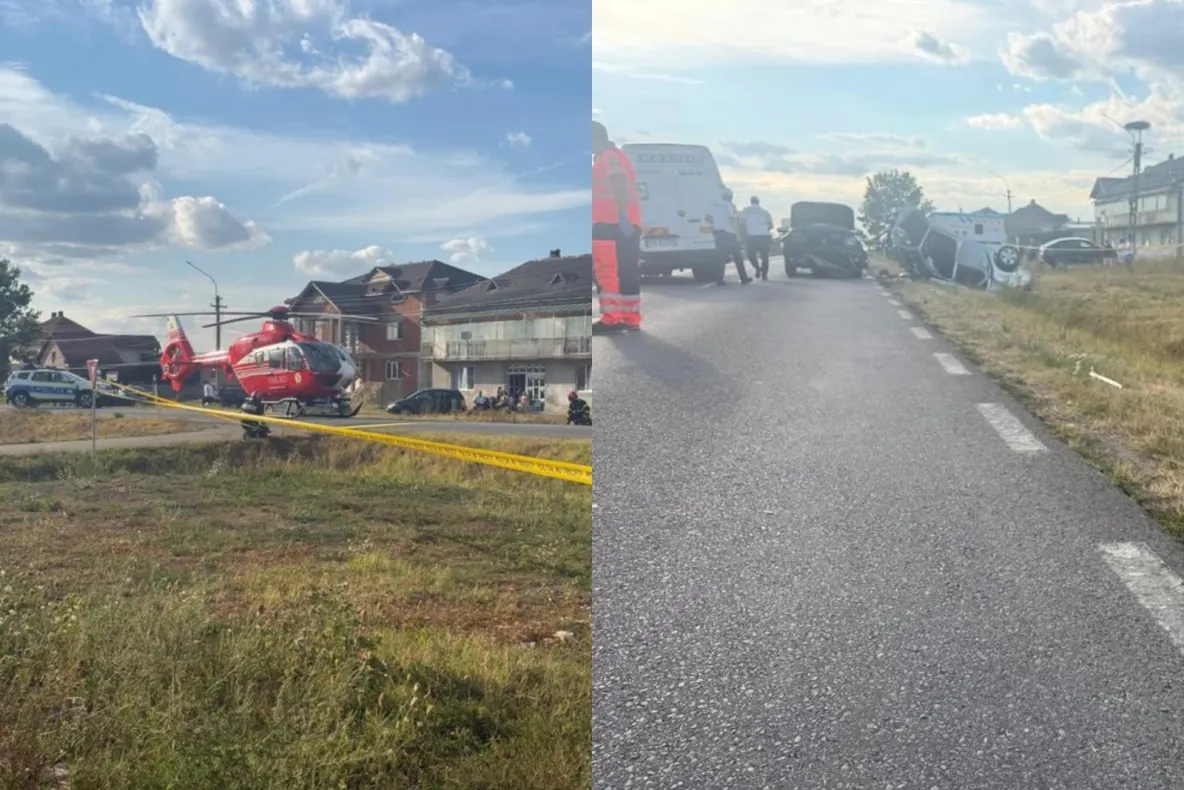 Accident cu 11 persoane implicate în județul Timiș: un mort și două persoane rănite. A intervenit elicopterul SMURD-FOTO