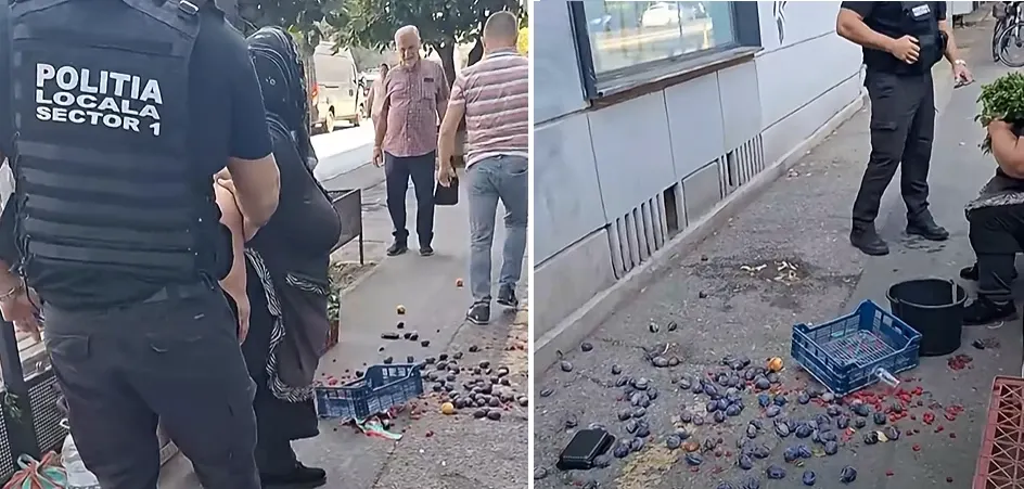 Momentul în care o bătrână izbucnește în plâns după ce polițiștii locali i-au împrăștiat fructele și legumele pe trotuar. Scene revoltătoare în București VIDEO