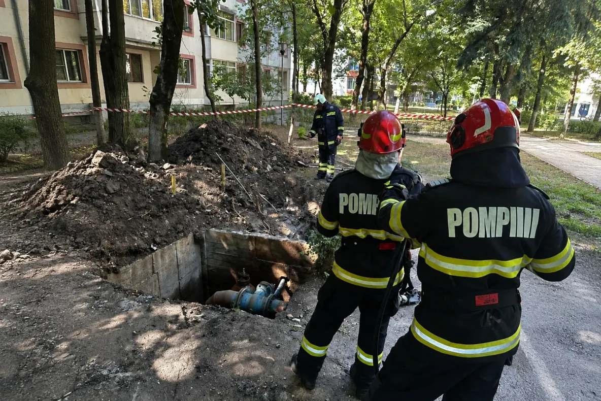 Pericol pe o stradă din Pitești: o conductă de gaze a fost spartă în timpul unor lucrări. Intervin pompierii