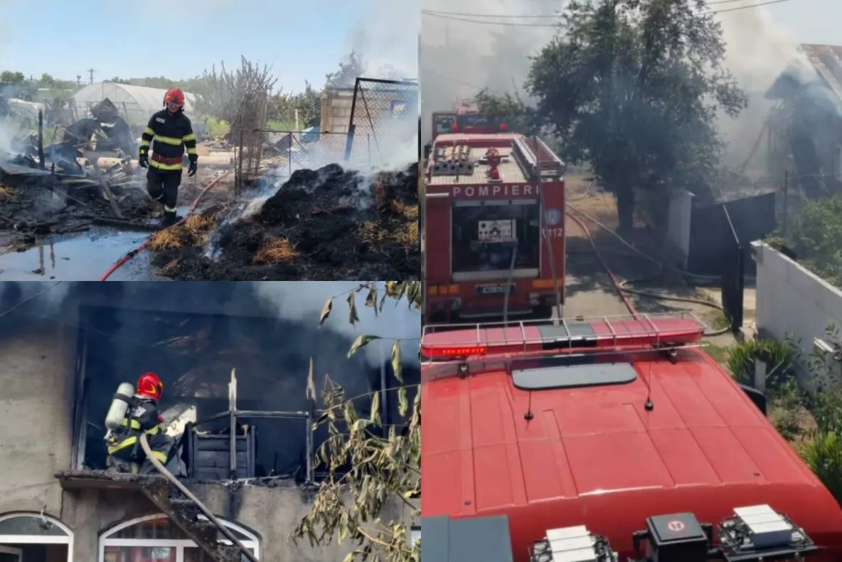 Incendiu de proporții în Giurgiu. O casă și două gospodării vecine, afectate de flăcări. Focul ar fi pornit de la un scurtcircuit