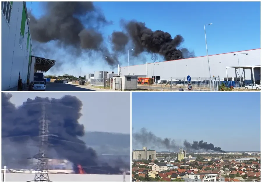 Incendiu uriaș la o hală de piese auto din Oradea. Fumul negru se vede de la kilometri distanță