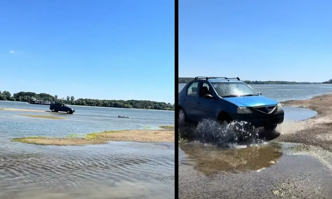 Imagini virale la Galați: Un șofer s-a aventurat cu mașina pe limbile de nisip apărute pe Dunăre - VIDEO