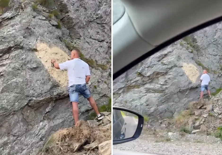 Gestul de pe Transfăgărășan care a revoltat internetul. Un „turist” a vandalizat o stâncă cu graffiti