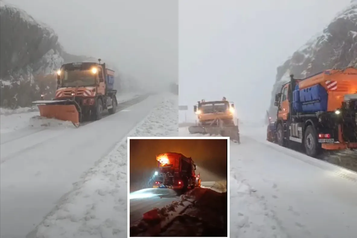 Ninsoare abundentă pe Transfăgărășan. Drumarii au intervenit cu utilaje de deszăpezire și tone de sare-VIDEO