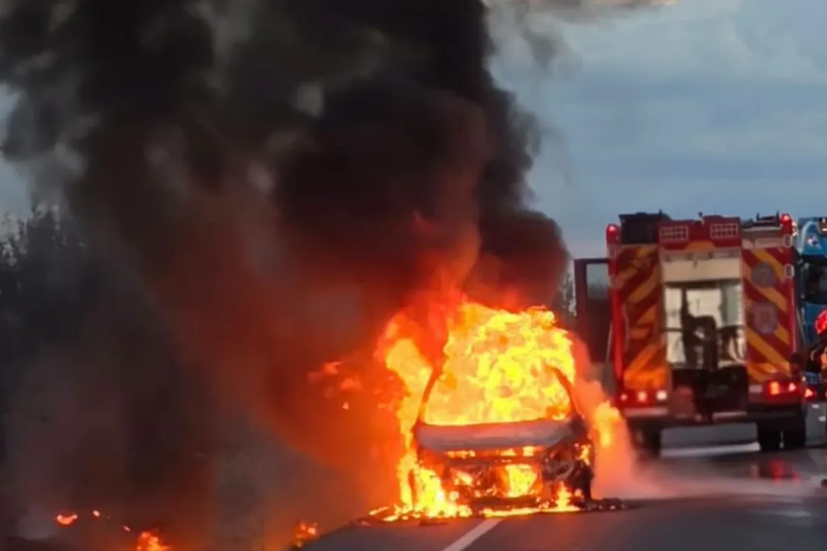 Iadul s-a dezlănțuit pe DN5. O mașină a fost cuprinsă de flăcări