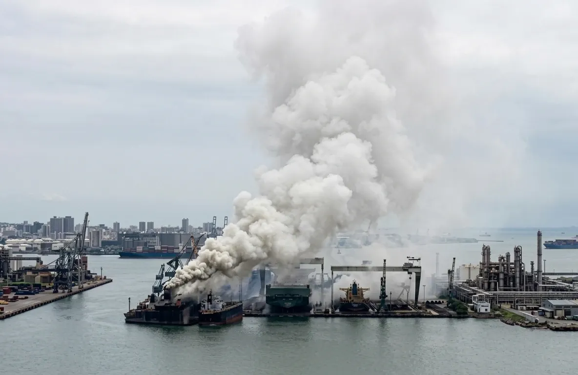 Incendiu devastator pe o navă de marfă, într-un port din China: cel puțin 20 de morți și cinci dispăruți VIDEO