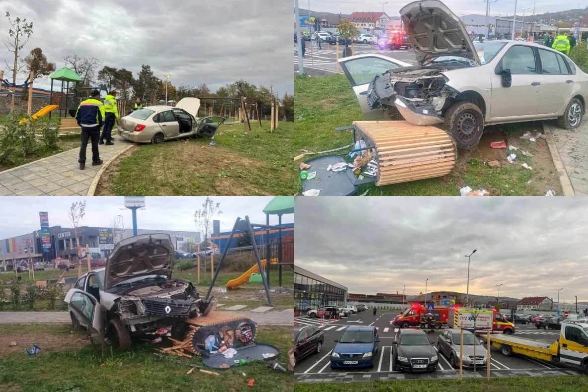 Accident rutier grav în Bistrița. O femeie a fost resuscitată, după ce a plonjat cu mașina într-un loc de joacă -FOTO