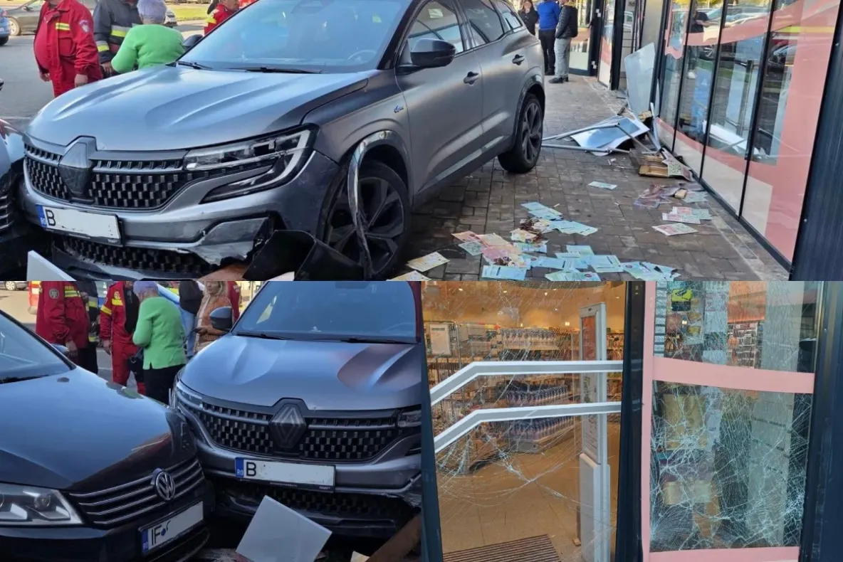 Accident în Voluntari, în incinta unui complex comercial. Trei autoturisme implicate: o mașină a intrat într-un magazin