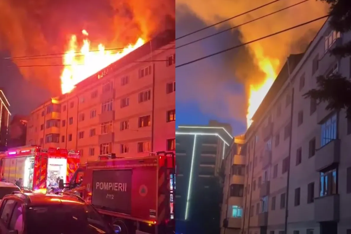 Incendiu de proporții în Burdujeni, Suceava. Mansarda unui bloc a fost cuprinsă în întregime de flăcări