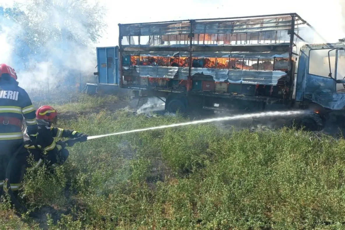 Incendiu puternic în județul Argeș. Un autocamion încărcat cu stupi a fost făcut scrum - FOTO
