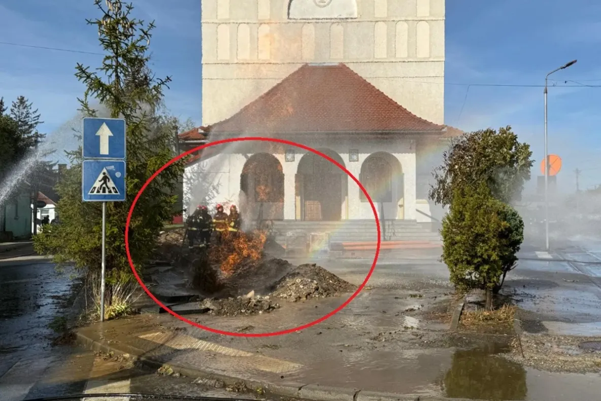 Incendiu violent la o țeavă de gaz, lângă o biserică din Sibiu. 60 de oameni, evacuați