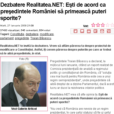 Cei mai mulţi dintre cititorii Realitatea.NET sunt împotriva sporirii puterilor preşedintelui