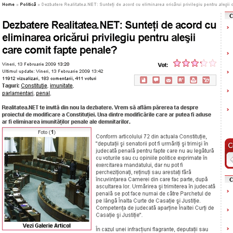 Cititorii Realitatea.NET susţin eliminarea privilegiilor pentru aleşii care comit fapte penale