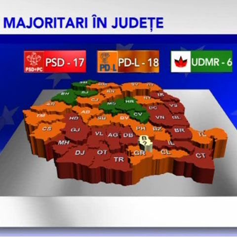 PD-L e majoritar în 18 judeţe, PSD în 17, iar UDMR în 6, pe harta euroalegerilor