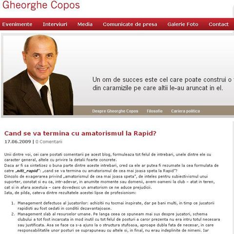 Rapid: Copos spune că a decis să-şi retragă finanţarea din cauza amatorismului existent la club