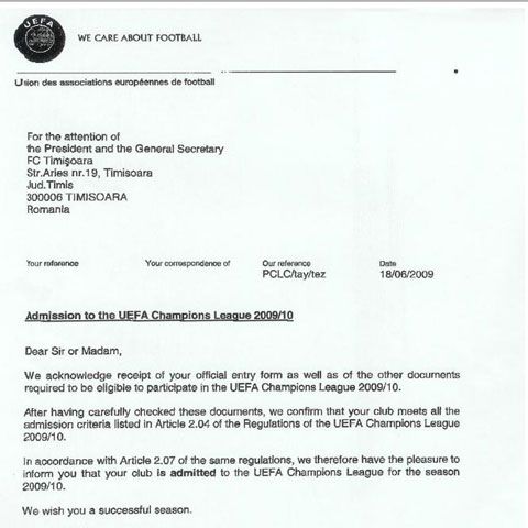 FC Timişoara a îndeplinit toate criteriile şi a fost admisă de UEFA în preliminariile Ligii