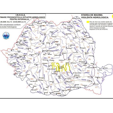 Codul galben de inundaţii a fost restrâns la două râuri din centrul ţării