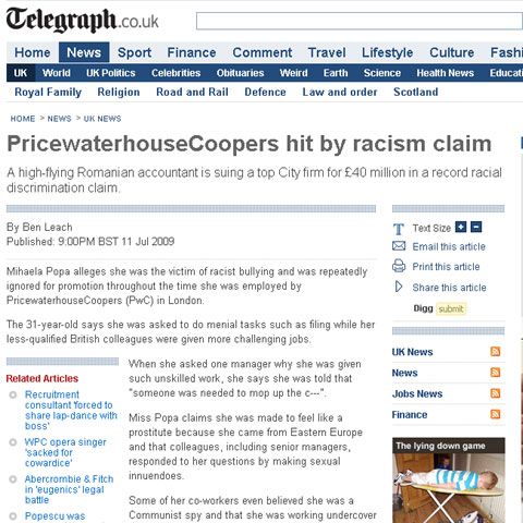 O româncă cere daune de 40 milioane lire firmei britanice PwC, pentru discriminare rasială
