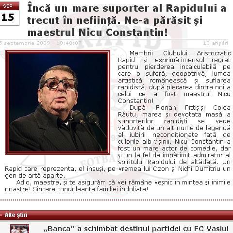 Rapidiştii deplâng moartea lui Nicu Constantin