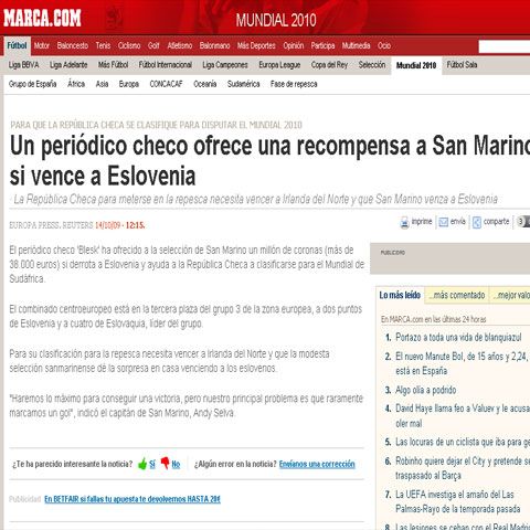 CM 2010: Un ziar ceh oferă o recompensă jucătorilor din San Marino dacă înving Slovenia