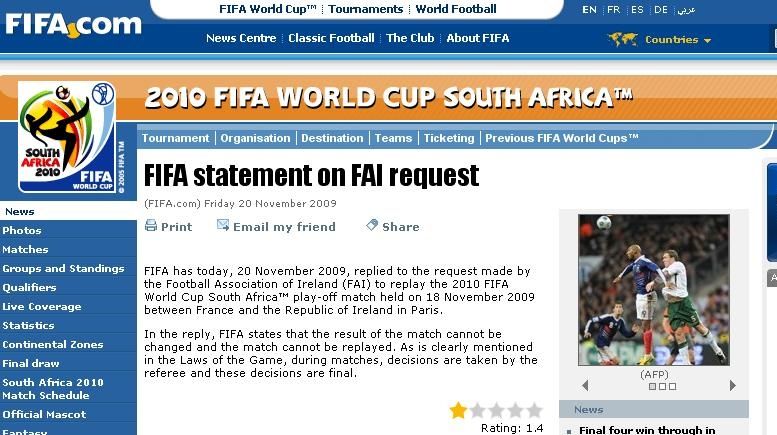 FIFA a anunţat că meciul Franţa-Irlanda nu se va rejuca