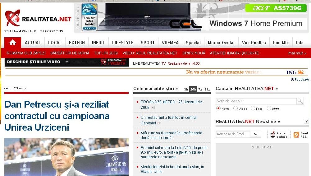 REALITATEA.NET, lider de trafic la categoria ştiri generaliste în prima zi de Crăciun