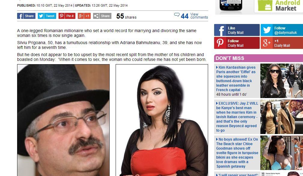 Silviu Prigoană, prezentat în Daily Mail ca un recordman al divorţurilor