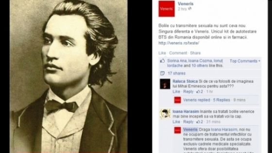 "ACT DE BARBARISM" pe FACEBOOK. Imaginea lui MIHAI EMINESCU folosită pentru un TEST DE BOLI VENERICE