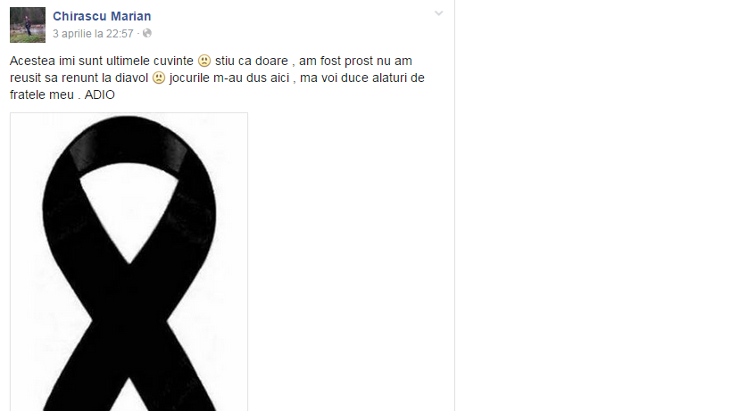 Și-a anunțat sinuciderea pe facebook, apoi s-a spânzurat cu un cordon, în locuință