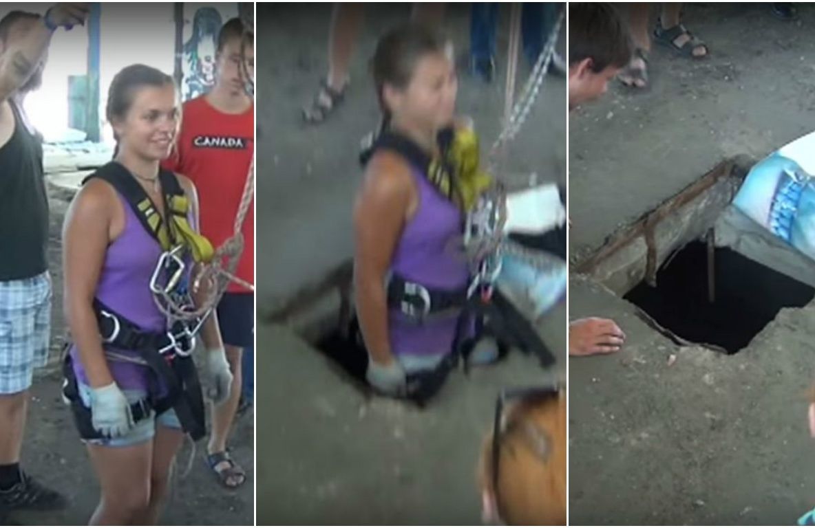 VIDEO șocant: Legată cu o coardă, se aruncă prin gaura din planșeu și dispare. Ce urmează