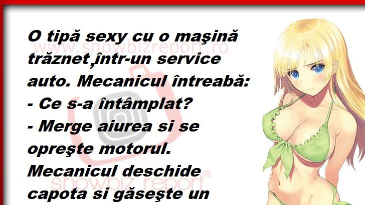 Banc. O blondă sexy cu mașina la service. Mori de râs