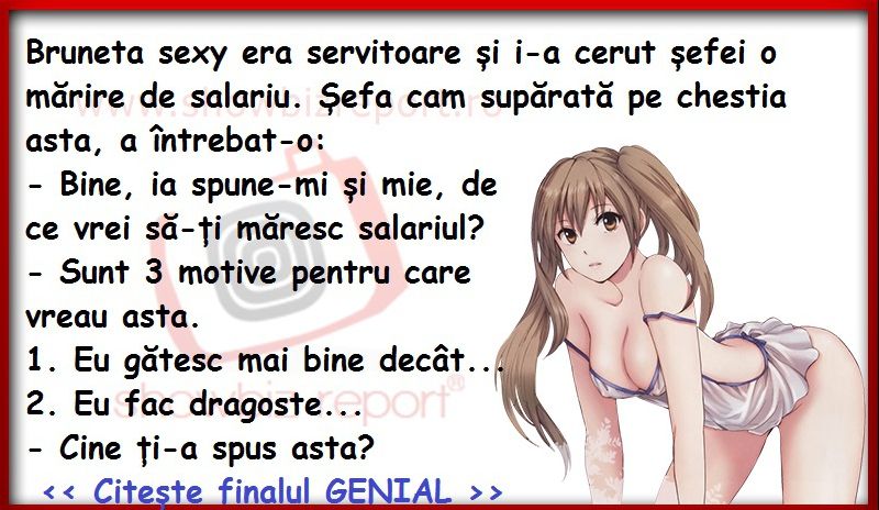 Bancul zilei: Bruneta sexy vrea o mărire de salariu. “Eu fac dragoste…”
