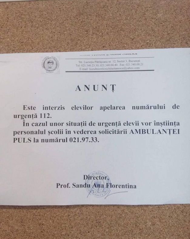 Situaţie aberantă la un liceu din Capitală. Elevii, informaţi să nu sune la 112, în caz de urgenţă