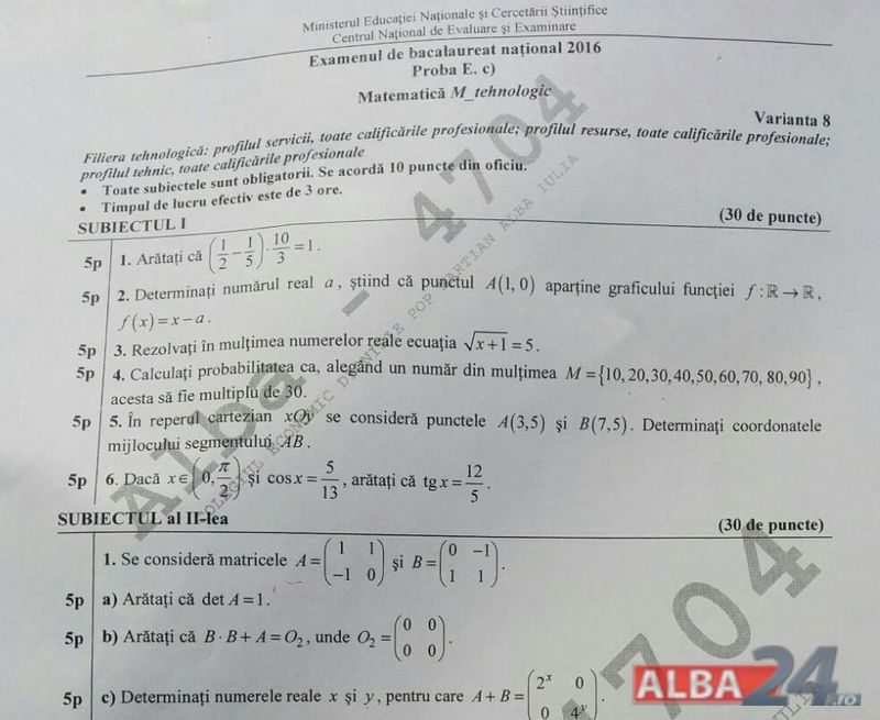 Subiecte BAC M3 Tehnologic. Acestea sunt subiectele la MATEMATICA BAC 2016. VEZI rezolvările corecte