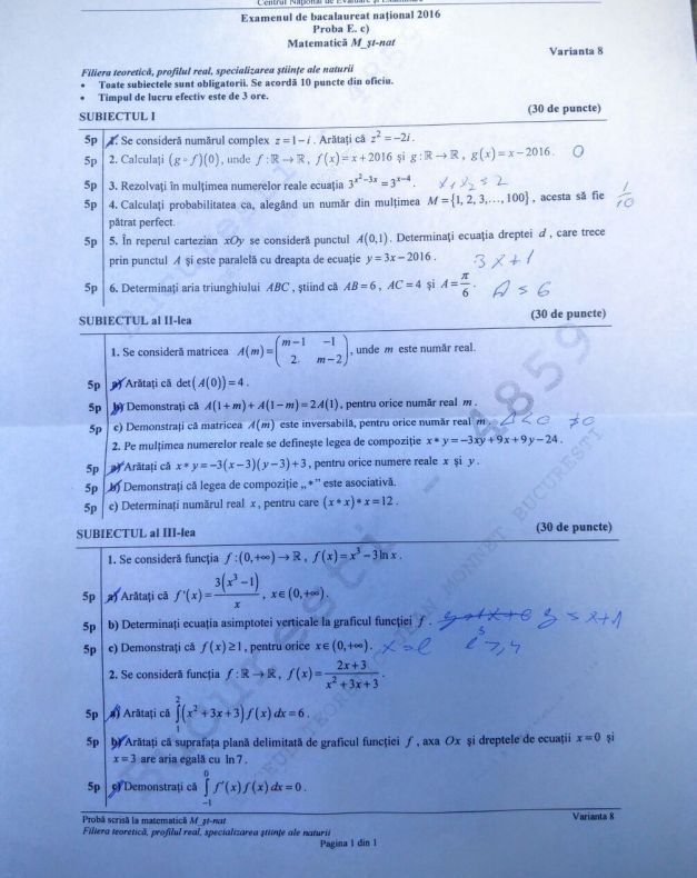 Subiecte BAC M2 Stiintele naturii. Consultă AICI subiectele la MATEMATICĂ M2 BAC 2016